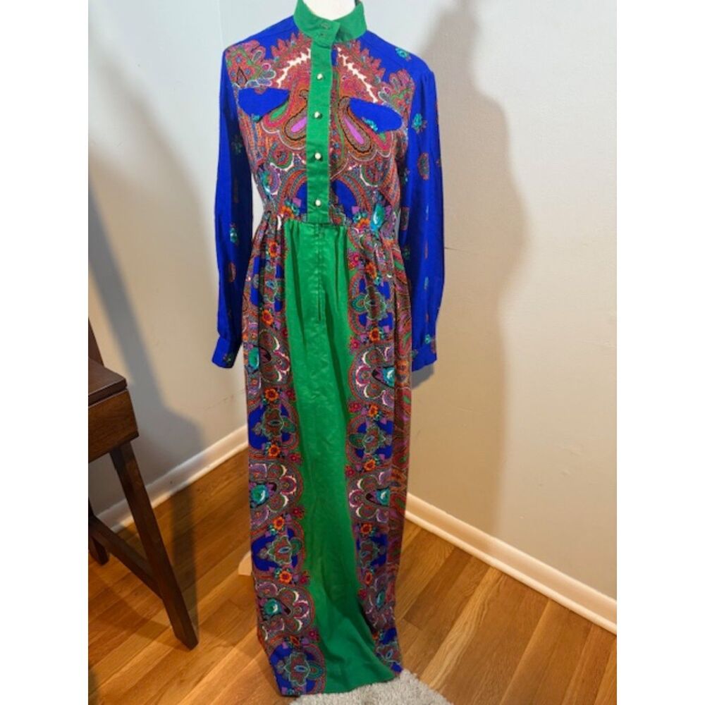 Vintage 70s Denise L Hermosa Beach‎ Paisley Maxi Dress Sz13 Blue/Green EUC Boho